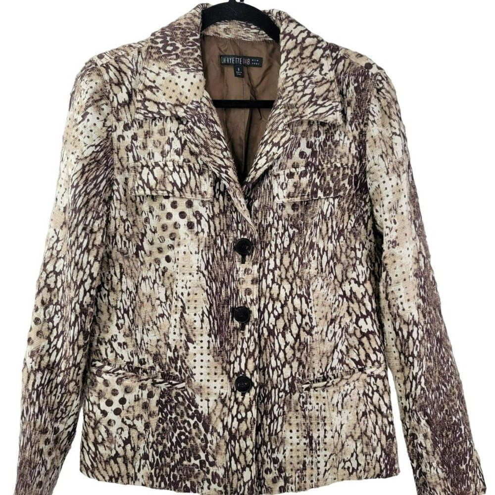 Lafayette 148 Wool Silk Blend Career Blazer Animal Print Button Front Pockets 8